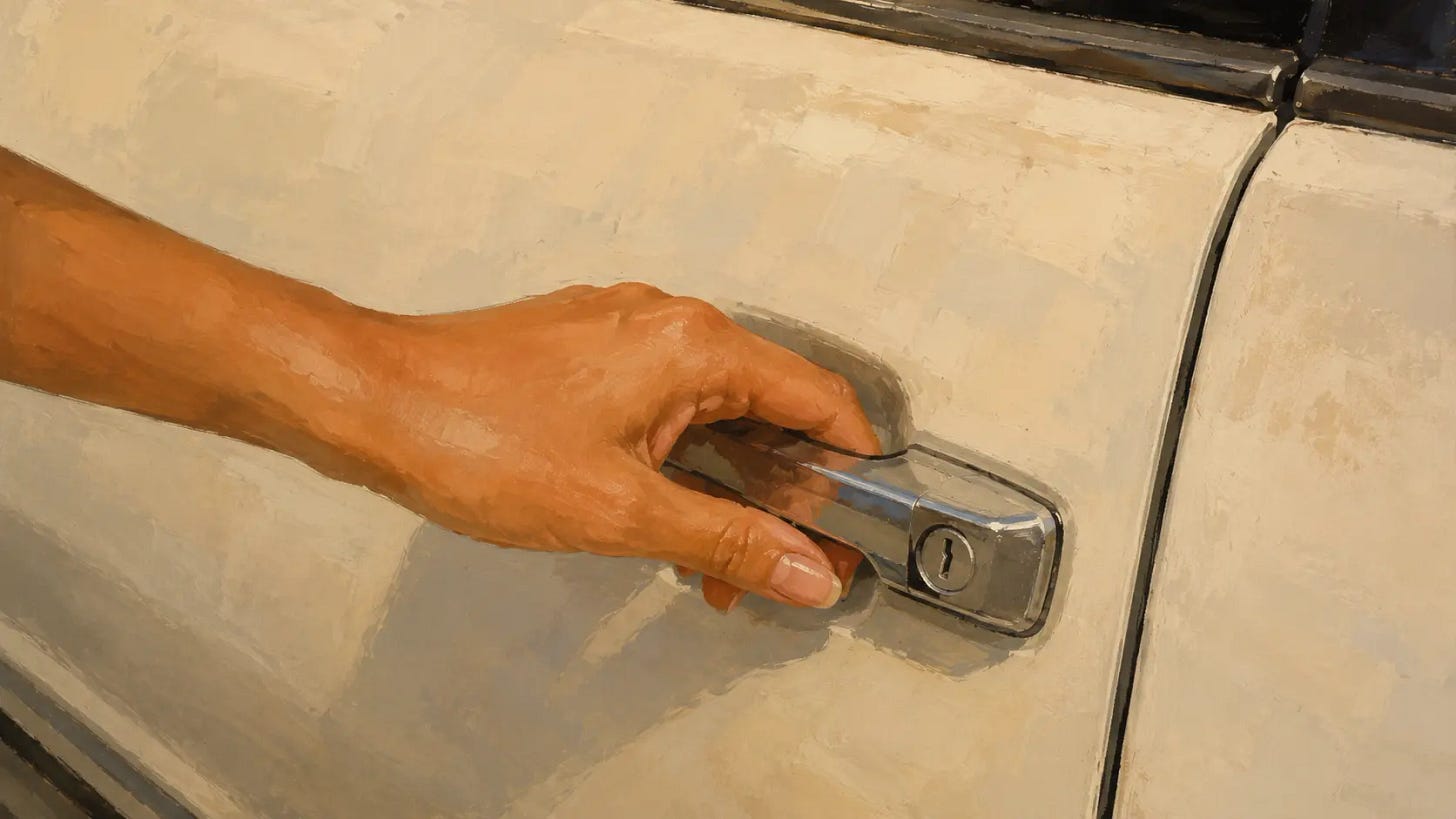 Lucia’s hand grips the chrome handle of a white 1985 Cabriolet, closing the door before another question can reach her. Lucia’s hand grips the chrome handle of a white 1985 Cabriolet, closing the door before another question can reach her.