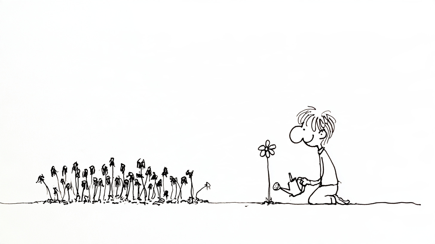 A gardener kneels to water one healthy flower while the rest of the bed lies dead beside him.