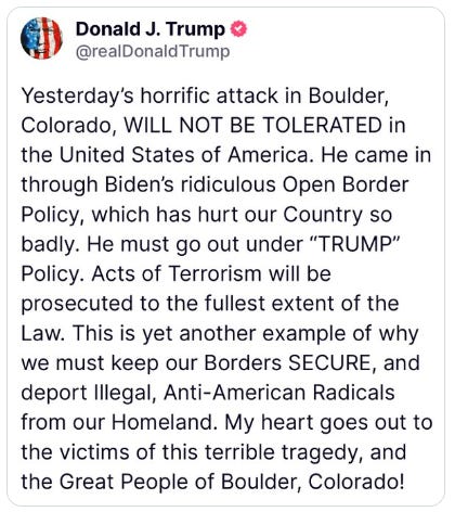 President Trump blamed the attack on "Biden's ridiculous Open Border Policy" President Trump blamed the attack on "Biden's ridiculous Open Border Policy"