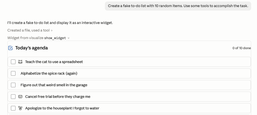 Claude Desktop chat in Normal transcript view showing a collapsed tool call above a fake 10-item to-do list widget. Claude Desktop chat in Normal transcript view showing a collapsed tool call above a fake 10-item to-do list widget.