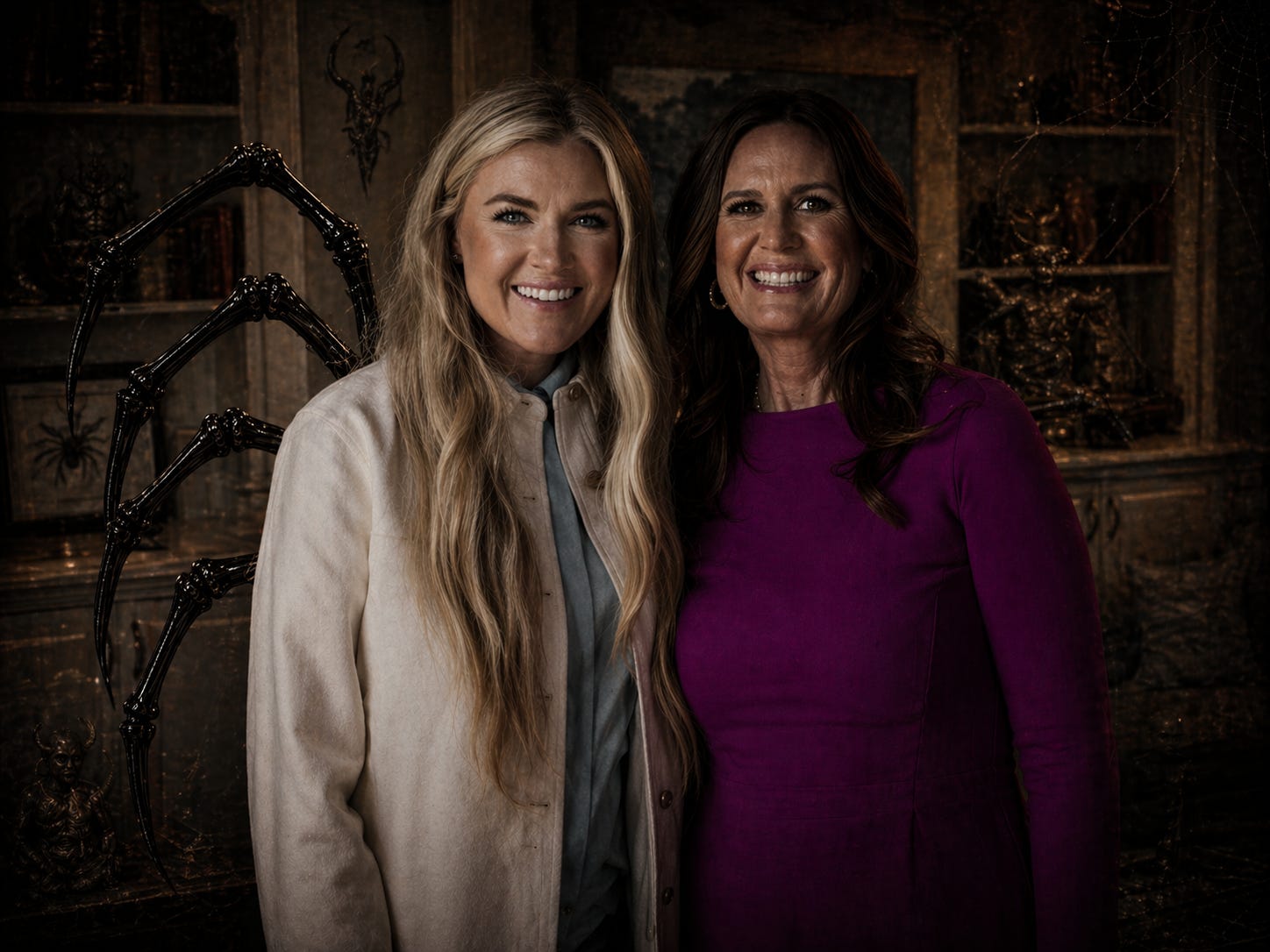 Erika Kirk and Sarah Huckabee Sanders smile inside the Christian Zio₦ist theater of Arkansas while Charlie Kirk’s dead authority is being publicly carried forward under Erika’s image. The Black Widow symbolism fits the deeper scandal: not mourning, but transfer; not legacy preserved, but legacy seized and redirected toward Netanyahu’s war line and the wider Zioɴist project Charlie Kirk had already begun rejecting.