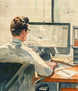 vintage watercolor illustration of a corporate employee reviewing a draft article with highlighted text and a compliance alert on the screen