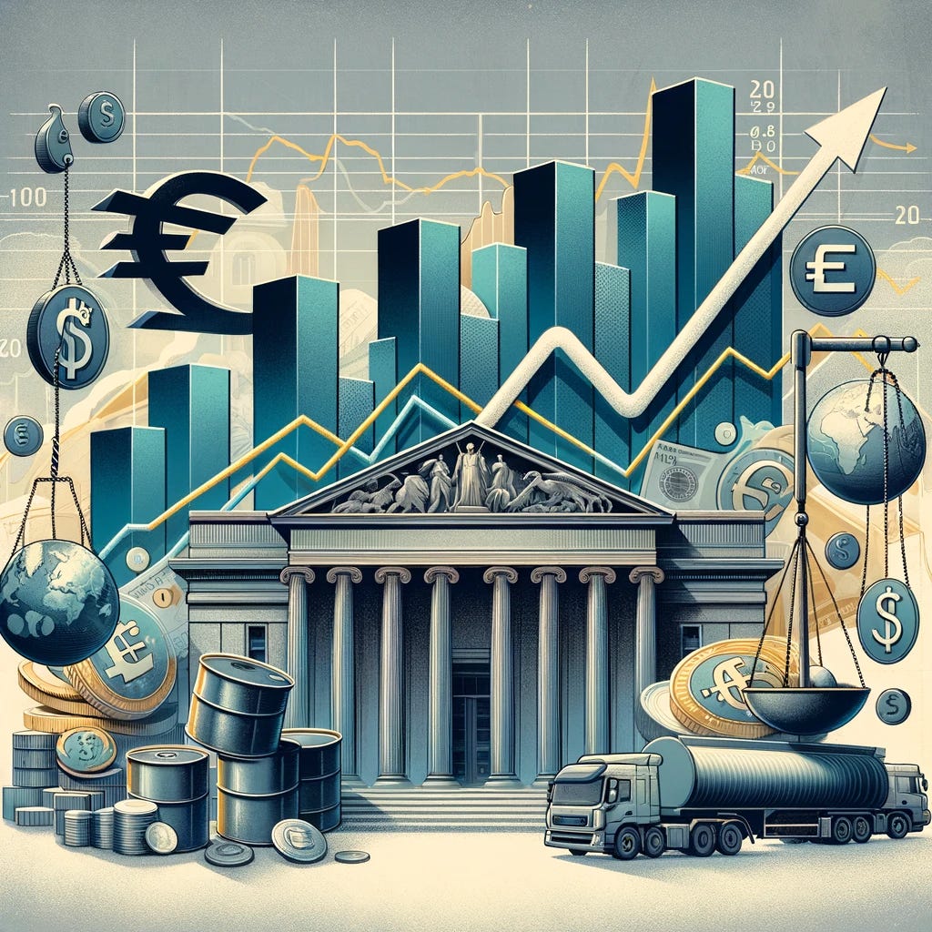 A symbolic representation of inflation trends. The image features a rising graph with fluctuating lines, set against a backdrop of key economic symbols: oil barrels, shipping containers, and international currency signs (dollar, euro, yen). A central bank building is shown in the foreground, with a balancing scale on one side showing interest rates, and on the other, a globe symbolizing global trade. The colors are muted and balanced, using shades of gray, soft blues, and subdued greens to convey a more sophisticated and less gaudy aesthetic. A ticking clock in the background emphasizes the time-sensitive nature of economic adjustments.