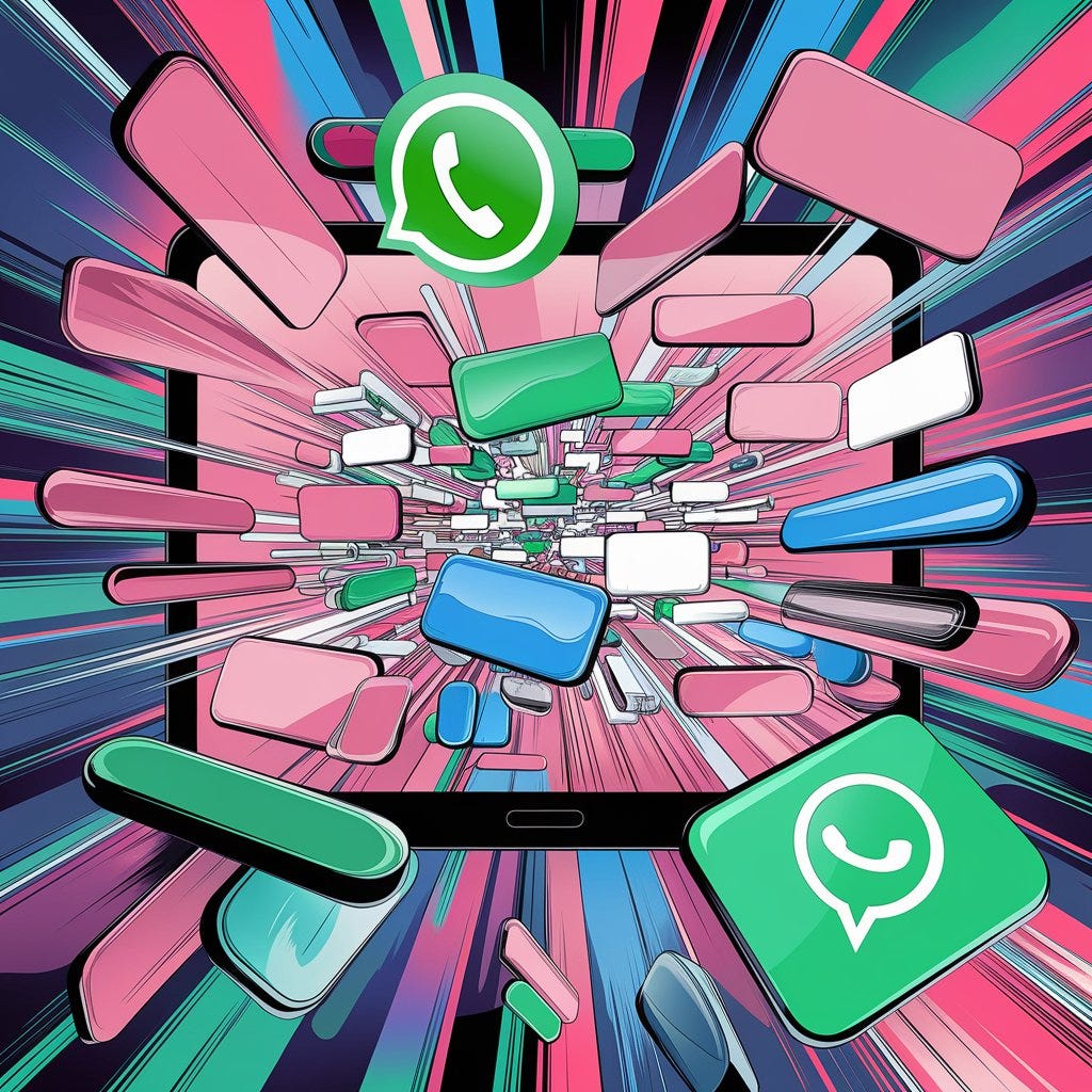 Digital illustration depicting a smartphone with colorful chat bubbles and WhatsApp icons bursting out of the screen. The background features dynamic, streaking lines in shades of pink, blue, and green, creating a sense of motion and communication overload. Digital illustration depicting a smartphone with colorful chat bubbles and WhatsApp icons bursting out of the screen. The background features dynamic, streaking lines in shades of pink, blue, and green, creating a sense of motion and communication overload.