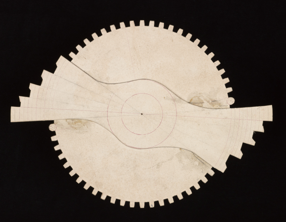 Paper folders and notebooks formerly belonging to Charles Babbage containing cut-outs of gearwheels, cams, negatives