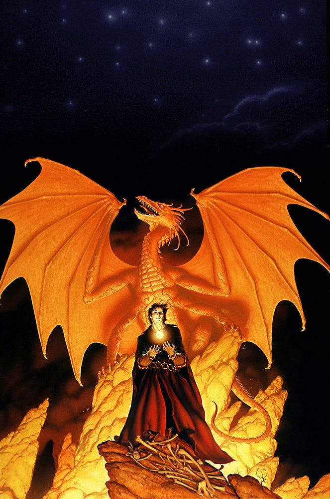 A cloaked sorcerer stands illuminated by a floating ball of fire summoned. Brilliant light illuminates his face while the wind sweeps his short dark hair. On the rocks behind him, an orange dragon spreads its wings, raising its head in regal profile against a star stippled sky. The dragon’s head tapers to an elegant pointed beak. Slender fleshy plumes sweep back off its head. A pattern of golden flames interrupts the scales of its arms. Its chest is similarly structure of gold scale while its wings are orange and fleshy textured. 