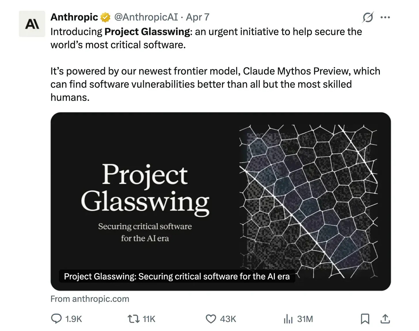 Anthropic Project Glasswing announcement powered by Claude Mythos Preview Anthropic Project Glasswing announcement powered by Claude Mythos Preview