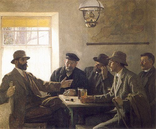 This may contain: a group of men sitting around a table