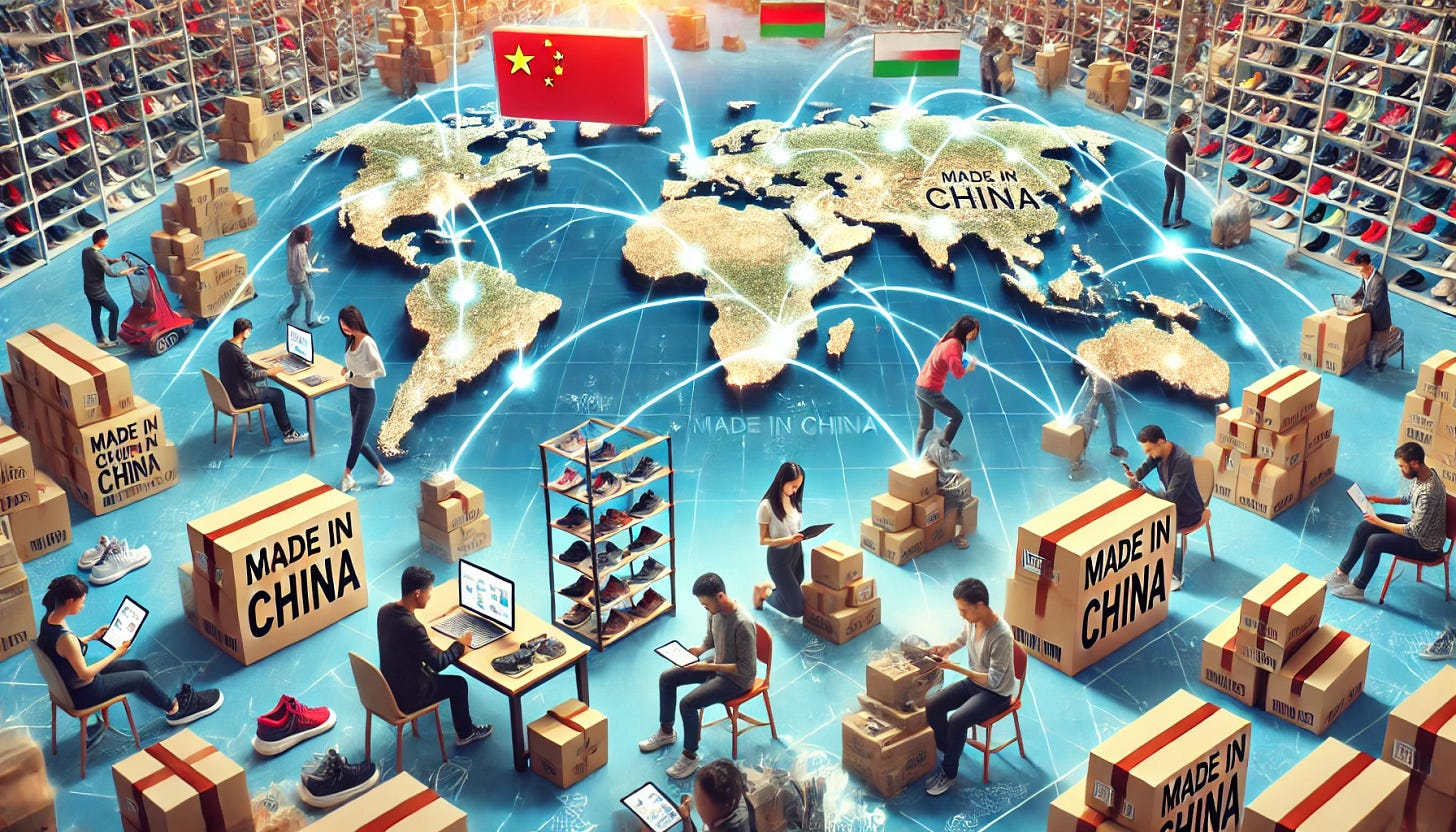 A wide aspect ratio, real-life-like image showing how Chinese-made shoes and footwear are ordered from across the world. The scene includes a global map with various countries highlighted, each connected to China with arrows. In the foreground, people from different nationalities are shown using devices to order shoes online. Boxes of shoes with 'Made in China' labels are being delivered, and a Chinese factory is visible in the background, showcasing the production process. The overall atmosphere is dynamic and interconnected, illustrating the global reach of Chinese footwear.