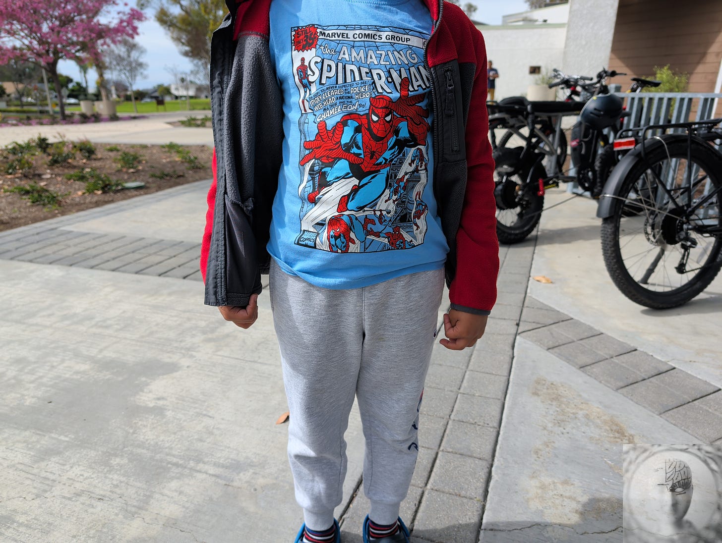 Child wearing a Spider-Man t-shirt at the library, face obscured for privacy, representing young readers discovering the joy of books. Bikestand on library plaza in background Child wearing a Spider-Man t-shirt at the library, face obscured for privacy, representing young readers discovering the joy of books. Bikestand on library plaza in background