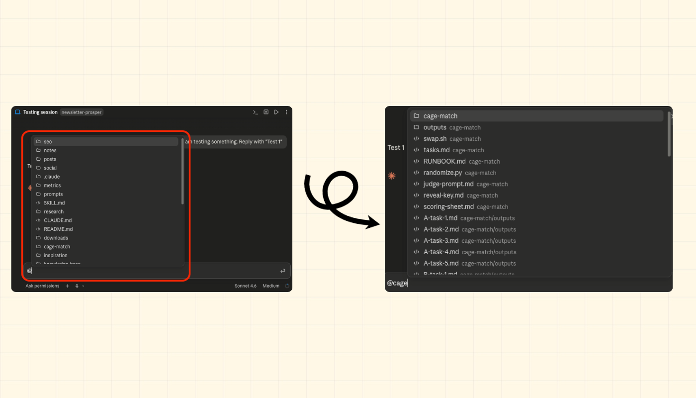 Desktop app with @ file picker open — search results showing, with another attempt to show the item inside of a folder