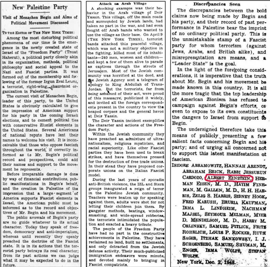 Copy of the New York Times Albert Einstein Letter (1948) "Albert Einstein’s letter published in The New York Times denouncing the Deir Yassin massacre, calling the actions ‘Nazi-like’ and describing Menachem Begin as a terrorist—a prophetic warning connecting early Zionist militancy to future state leadership."