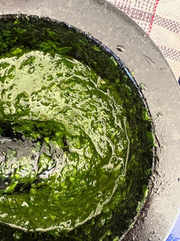 Baked kumara with green sauce