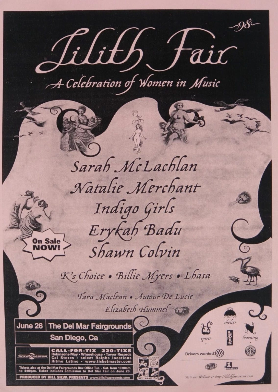 LILITH FAIR: SARAH McLACHLAN/NATALIE MERCHANT 1998 SAN DIEGO CONCERT TOUR POSTER - Picture 1 of 1 LILITH FAIR: SARAH McLACHLAN/NATALIE MERCHANT 1998 SAN DIEGO CONCERT TOUR POSTER - Picture 1 of 1