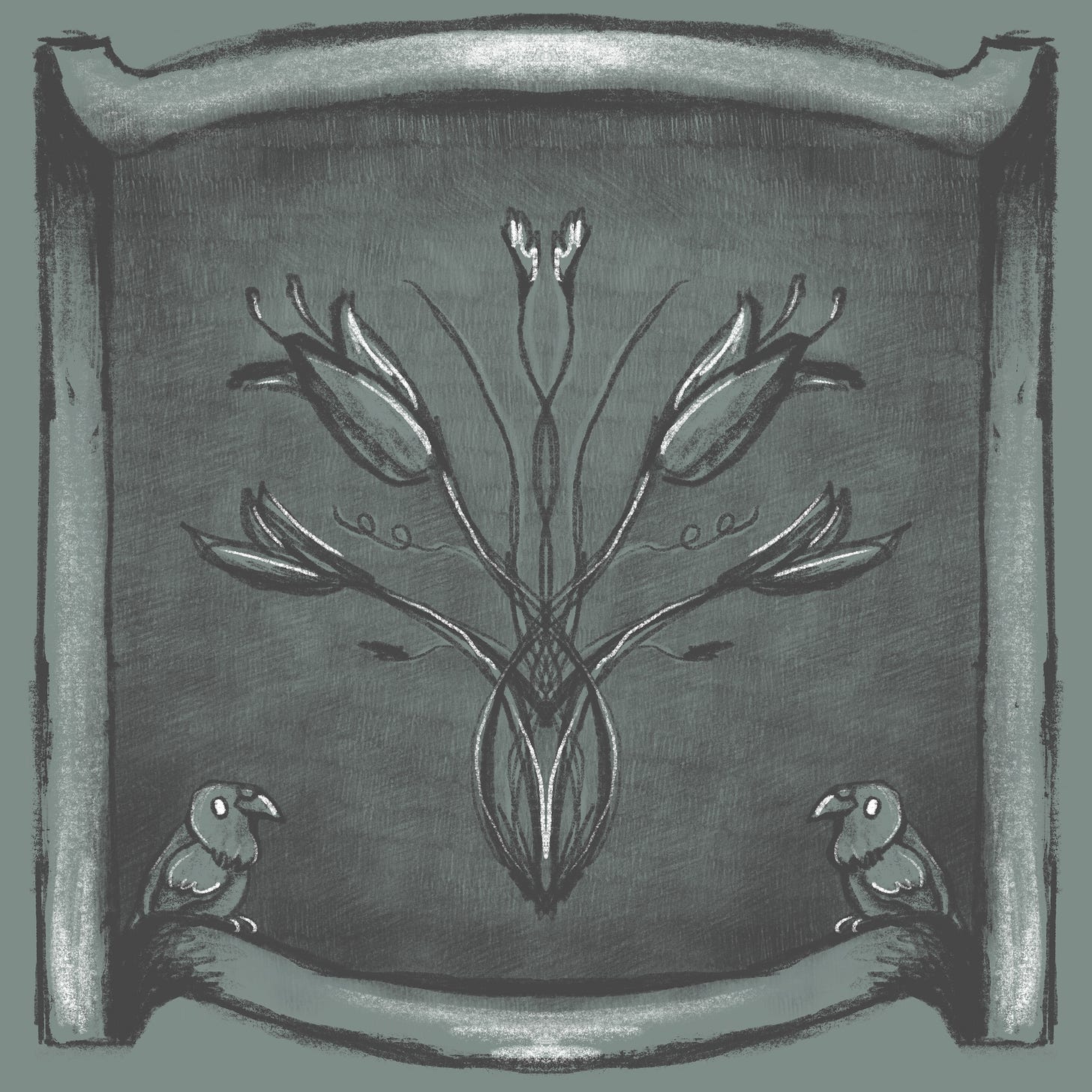 An art nouveau-inspired sketch of flowers and ravens