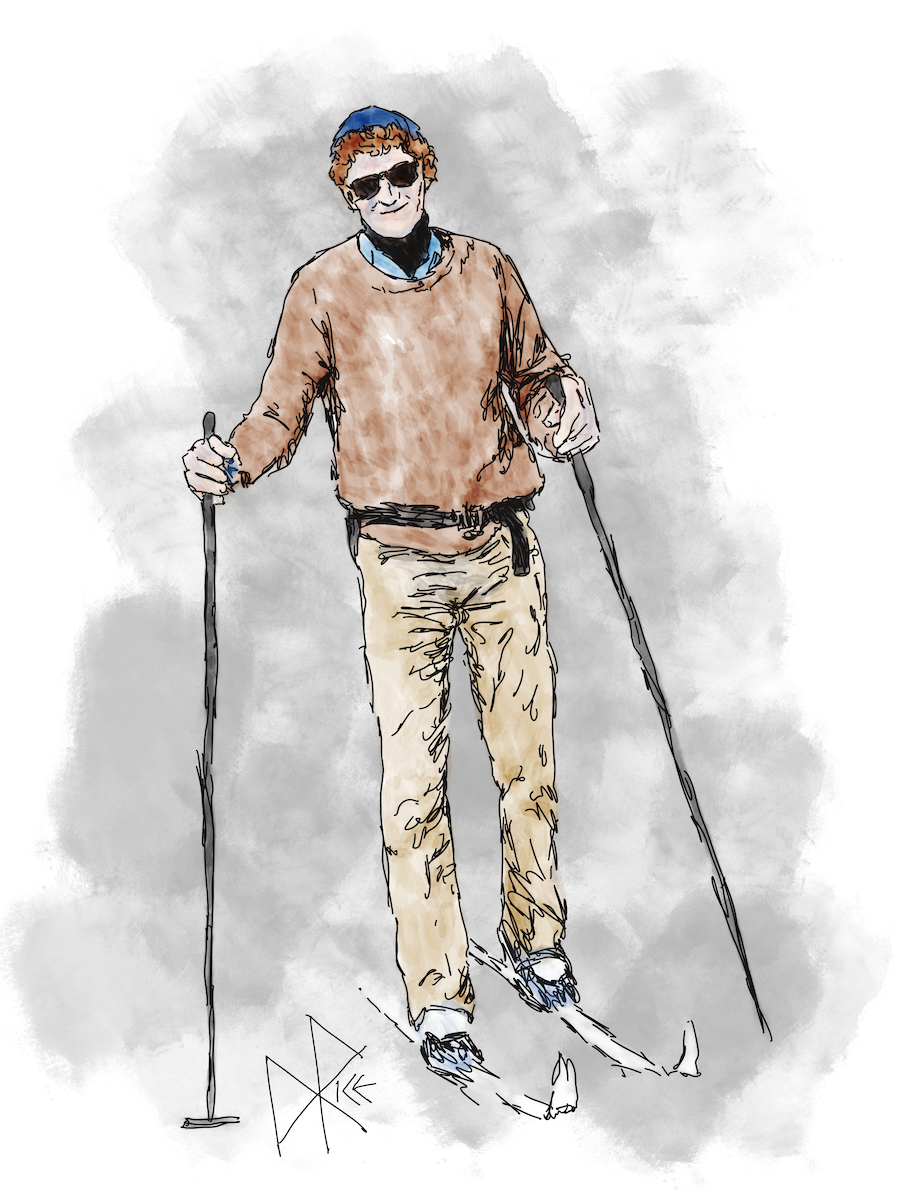 A tall thin man enjoys a beautiful winter day while skiing through light powder on the trail. Sketch art by Don Rice.