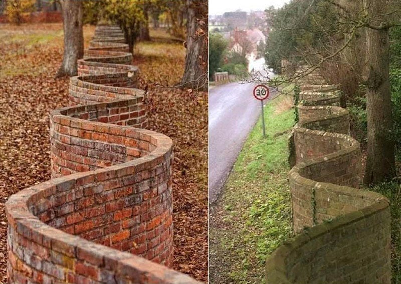 wavy crinkle crankle walls use less brick than straight walls 2 Popularized in England, These Wavy Walls Actually Use Fewer Bricks Than a Straight Wall wavy crinkle crankle walls use less brick than straight walls 2 Popularized in England, These Wavy Walls Actually Use Fewer Bricks Than a Straight Wall