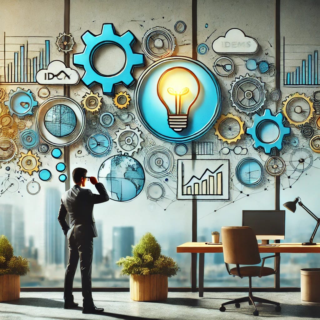 A visual representation of identifying business ideas, featuring a person observing their surroundings with thought bubbles containing icons like gears, graphs, a globe, and a light bulb. The scene shows a modern environment, such as a home office or outdoor space, with a motivational tone and vibrant colors like blue and yellow.