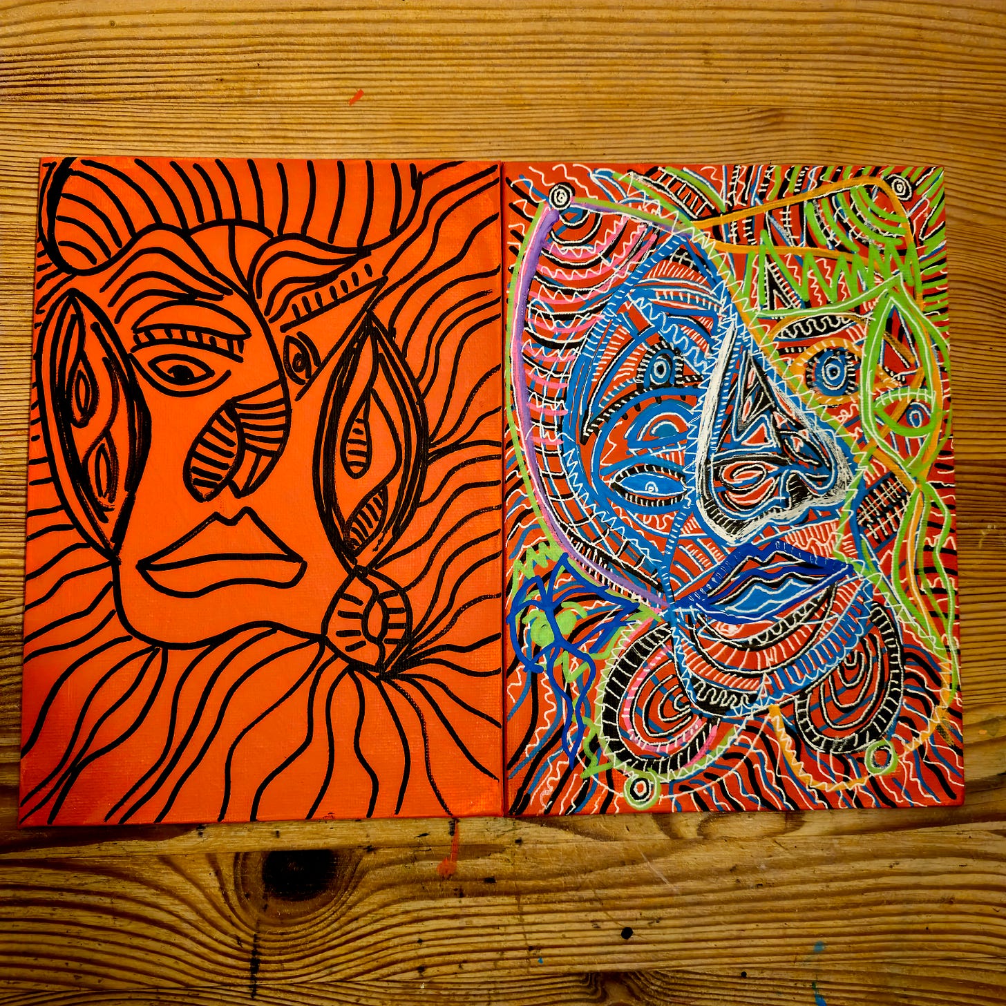 Diptych showing minimal abstract face and complex patterned face representing identity contrast Diptych showing minimal abstract face and complex patterned face representing identity contrast