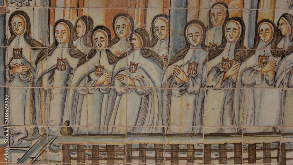 Tile mural depicting Mercedarian nuns wearing the coat of arms of their order on their habit praying in the choir, at Monasterio de la Encarnación monastery cloister, Osuna, Spain
