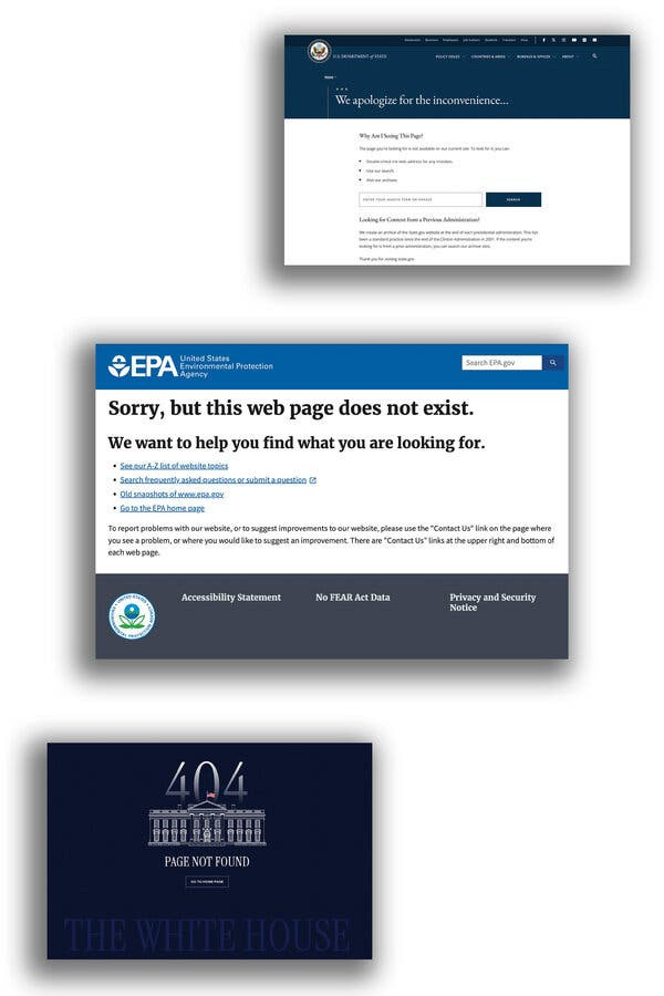 Screen shots of error messages from government websites. One says, “Sorry, but this web page does not exist.”