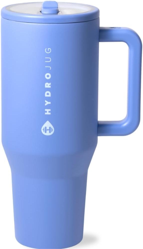 HydroJug Traveler - 40 oz Water Bottle with Handle &amp; Flip Straw - Fits in Cup Holder, Leak Resistant Tumbler-Reusable Insulated Stainless Steel &amp; Rubber Base - Gifts for Women &amp; Men, Light Blue