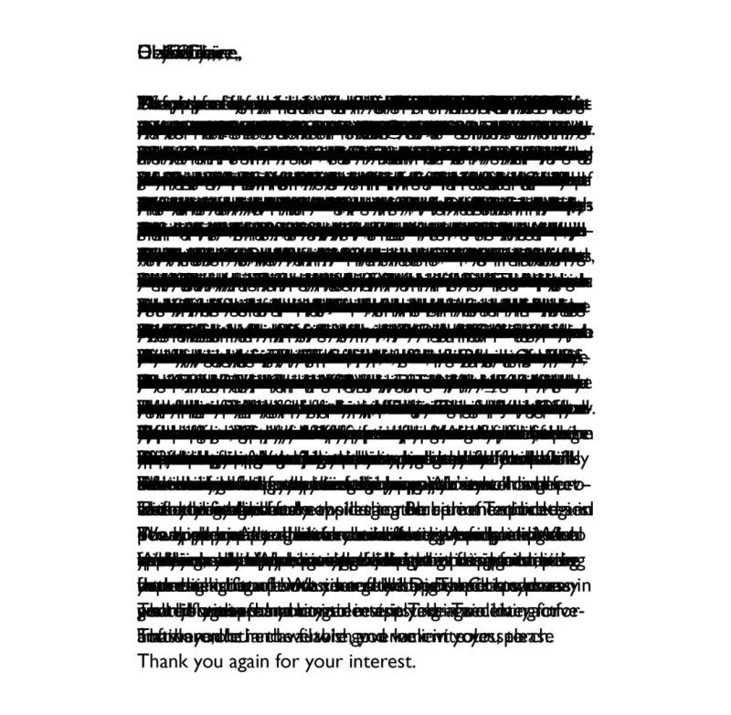 Image of an email with a large amount of text. Only one phrase is visible at the end: “Thank you again for your interest.”