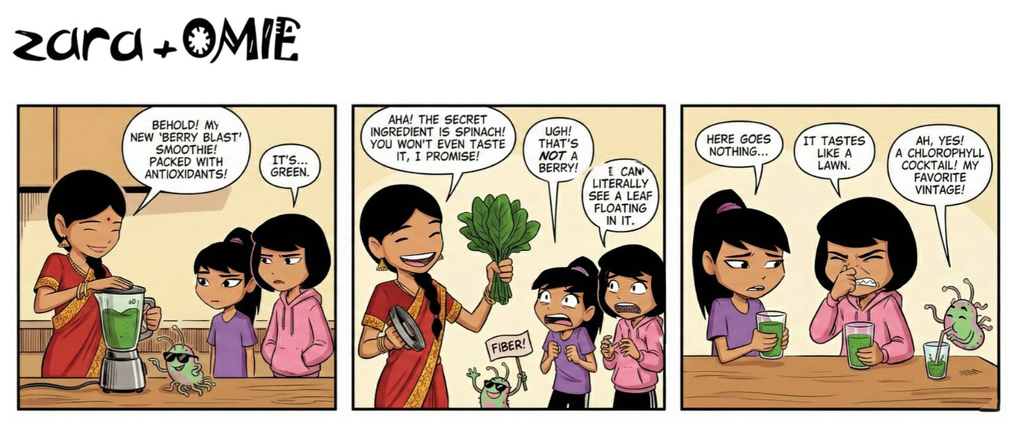 Zara and her sister Misha react to a green “berry blast” smoothie made with hidden spinach, while Omie happily enjoys the leafy drink.