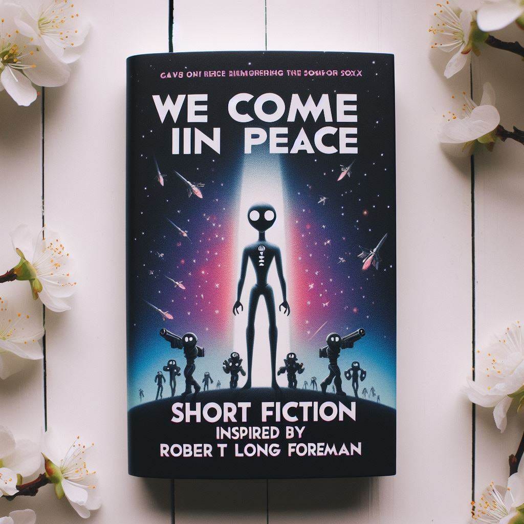 cover of a book called WE COME IN PEACE SHORT FICTION INSPIRED BY SoX by ROBERT LONG FOREMAN
