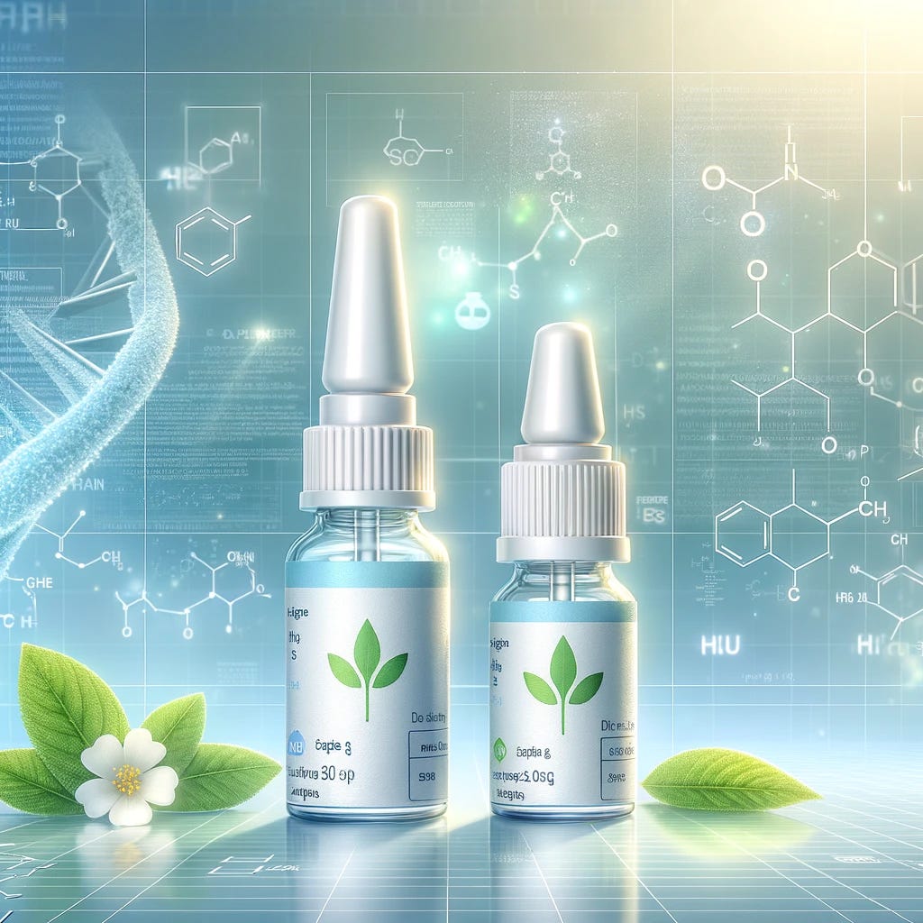 A digital illustration showing two nasal spray bottles side by side, one labeled with a small green leaf symbolizing a lower dose and the other with two green leaves symbolizing a higher dose, set against a backdrop of a semi-transparent overlay of chemical molecules to represent medical research. The scene is set in a bright, clean, medical environment with soft, diffused lighting to convey a sense of hope and scientific advancement. There are no people, alphabets, or numbers visible in the image.