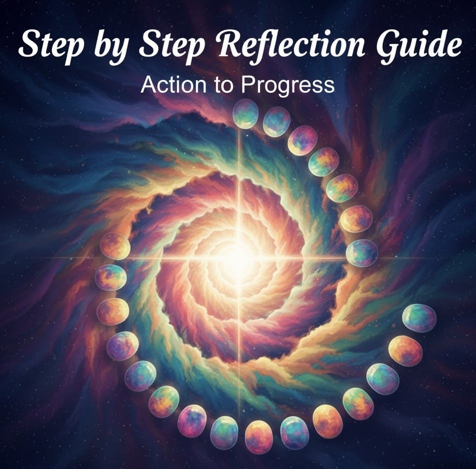 Step by Step Reflection Guide. A colorful spiral of stepping stones leading inward to a bright light.