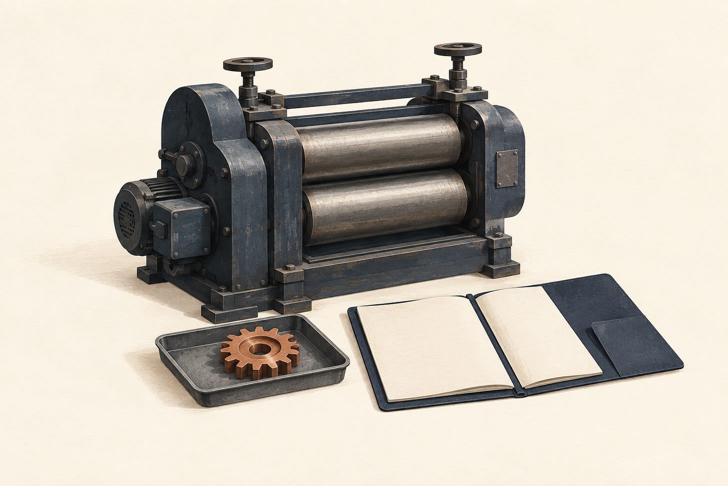 Conceptual illustration of an industrial roller machine, a copper-coloured gear in a tray and an open blank folio. Conceptual illustration of an industrial roller machine, a copper-coloured gear in a tray and an open blank folio.