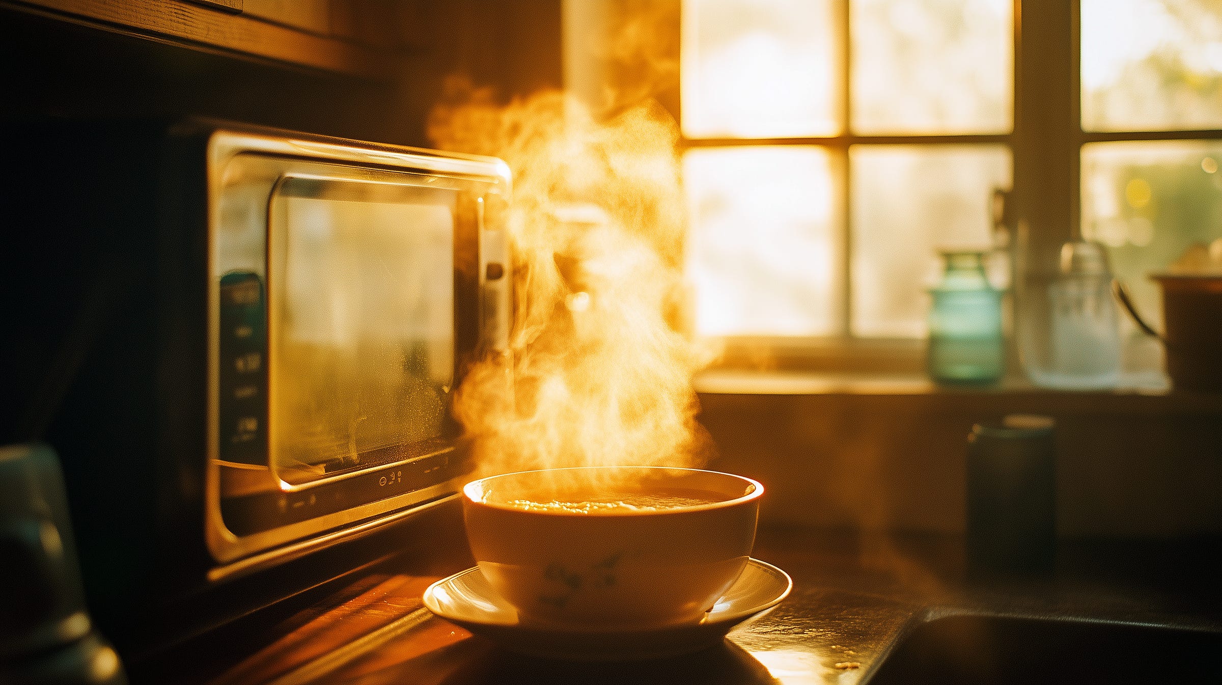 A steaming bowl of soup sits on a plate in front of a microwave in a warmly lit kitchen. Sunlight streams through a window, casting a golden glow over the scene. The steam rising from the bowl creates a cozy and inviting atmosphere, highlighting the warmth and comfort of a home-cooked meal.