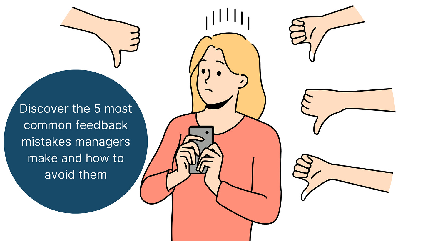  Illustration of a woman looking concerned with several thumbs-down symbols surrounding her, representing the negative impact of ineffective feedback from management.