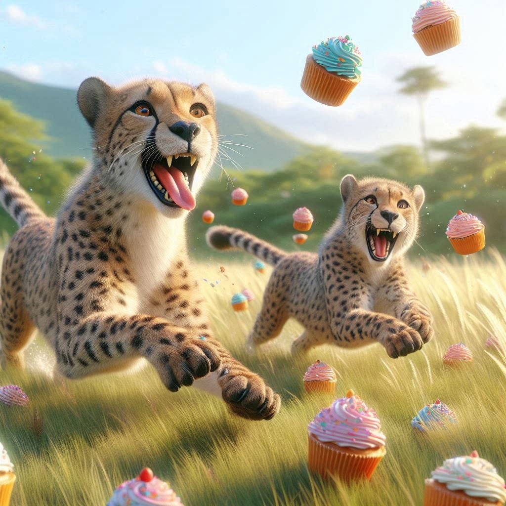 cheetahs chasing cupcakes photorealistic