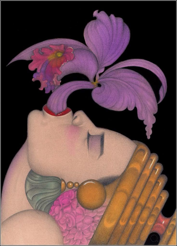 This may contain: a painting of a woman with purple flowers on her head, holding a comb in her hand