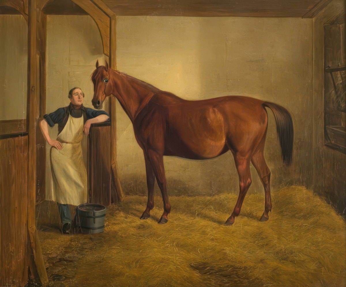 dibujo de un caballo marrón en un establo junto a una persona