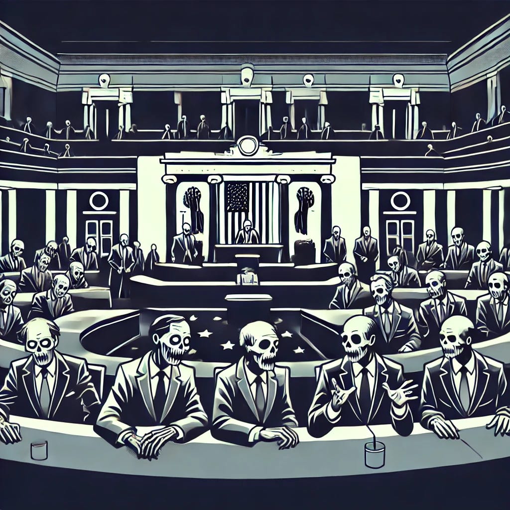 A stylized, minimalist illustration depicting a session in the House of Representatives, but with each representative appearing as a zombie. The figures are hunched, decayed, and mindless, seated in the grand hall with tattered suits and hollow eyes. The scene conveys an eerie yet satirical tone, symbolizing dysfunction or stagnation in governance. The background includes the architecture of the chamber, with an ominous lighting contrast that enhances the unsettling yet impactful design. The color scheme is bold and striking, maintaining the clean, graphic style of previous images.