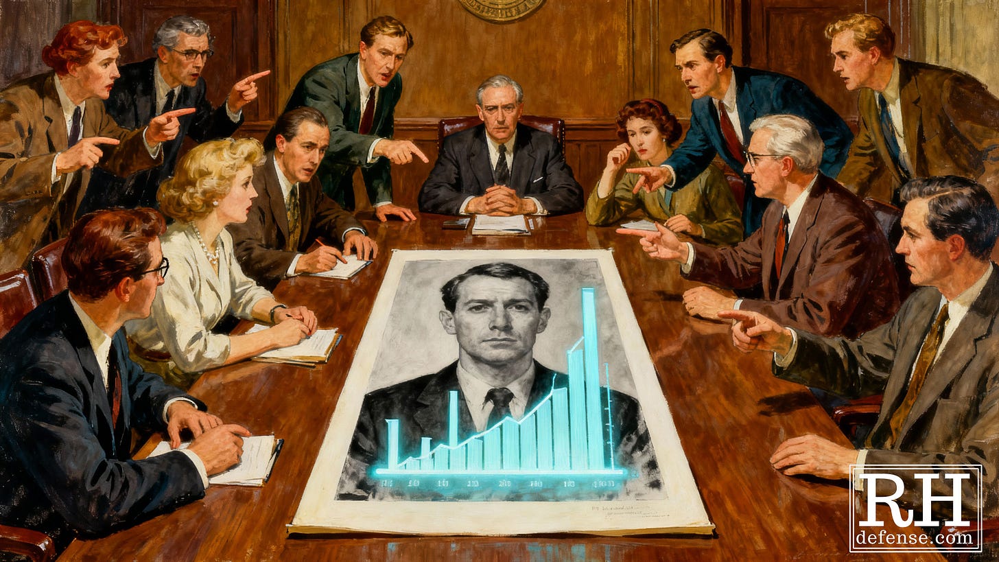A jury of twelve men and women in a wood-paneled deliberation room argues around a table while pointing at a large mugshot overlaid with a glowing blue candlestick chart.