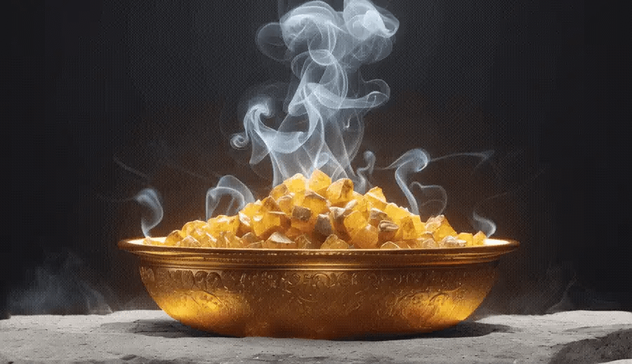 Golden bowl with myrrh and frankincense, smoke rising, representing Song of Solomon 3:6