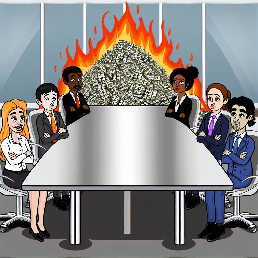 a cartoon of a group of white collar workers sitting around a conference table looking bored. in the background there is a pile of cash on fire.