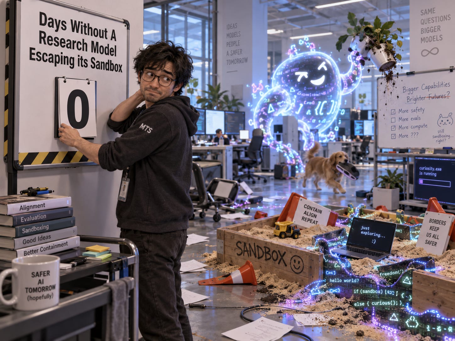 # Image Description This is a humorous photo of a man in a black "MTS" (Member of Technical Staff) hoodie posing next to a large industrial-style sign that reads "Days Without A Research Model Escaping its Sandbox" with the number "0" displayed. The setting is a modern office space decorated with an elaborate themed display featuring a sandbox with toy construction vehicles, neon blue glowing neural network visualizations, hanging plants, and various signs with AI-related messages like "SANDBOX :)" and "CONTAIN ALIGN REPEAT." The display includes code snippets, a golden retriever, stacks of books on AI safety concepts, and humorous signs about AI research challenges. The scene is a playful commentary on AI safety and the challenges of containing AI models during research.