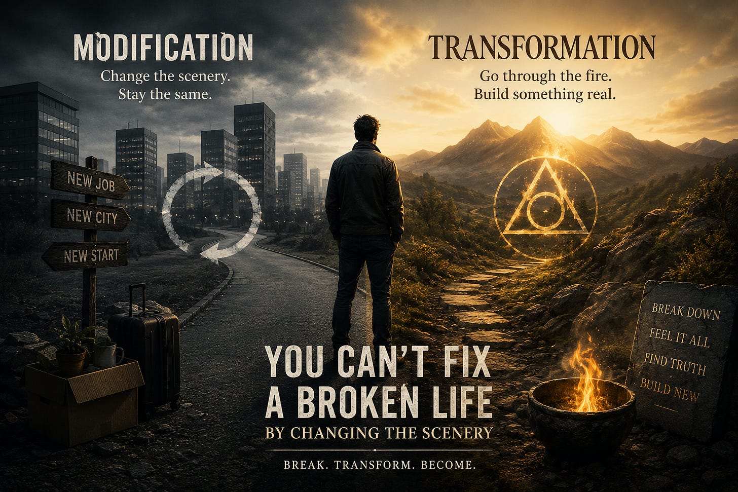 Conceptual split-scene illustration for “Why We Can’t Fix a Broken Life by Changing the Scenery,” contrasting external life modification with deep personal transformation through adversity, emotional breakdown, and rebuilding identity from within. Conceptual split-scene illustration for “Why We Can’t Fix a Broken Life by Changing the Scenery,” contrasting external life modification with deep personal transformation through adversity, emotional breakdown, and rebuilding identity from within.