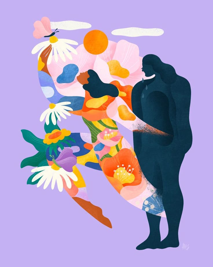 Against a purple background a dark skinned figure with shoulder length black hair leap from the body of a gray and crying figure. The leaping figure is covered in bright flowers, butterflies, and the sun shines overhead Against a purple background a dark skinned figure with shoulder length black hair leap from the body of a gray and crying figure. The leaping figure is covered in bright flowers, butterflies, and the sun shines overhead