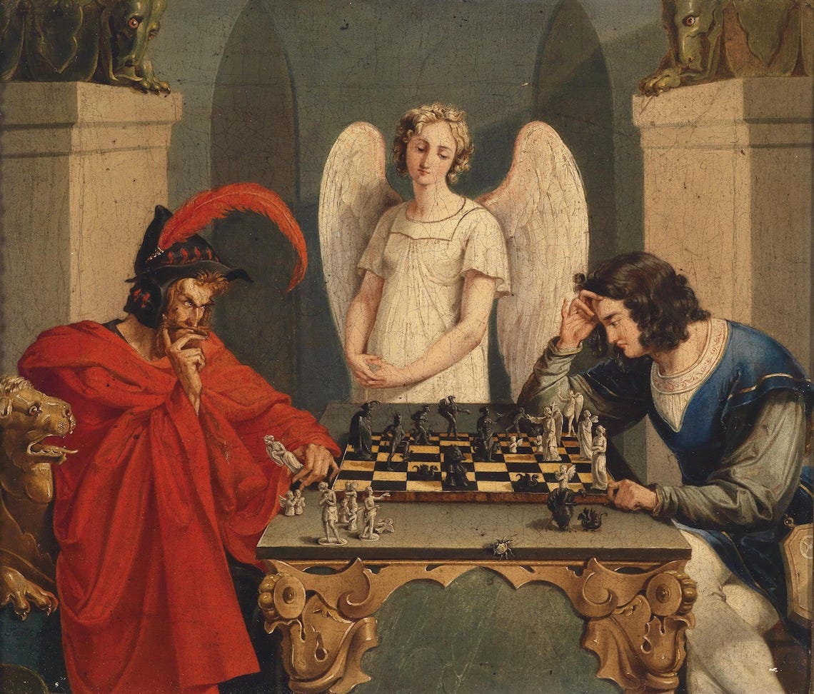 May include: An oil painting shows a chess match between two figures, one in red and the other in blue, with an angel watching. The chess pieces are on a checkered board on a decorative table. The figures appear to be deep in thought.