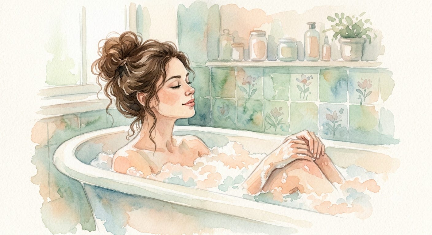 A watercolor image of a young woman in a bubble bath with soft greens, blues, peach and ivory colors. She looks peaceful with her eyes closed. 