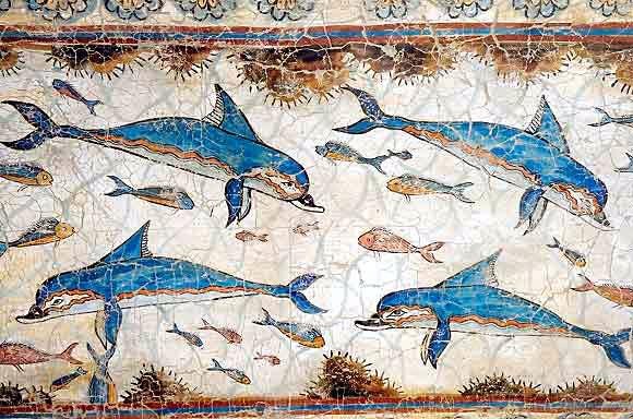 The Minoan Dolphin fresco from Knossos, showing blue dolphins along with other, smaller fish swimming in an area framed by coral.
