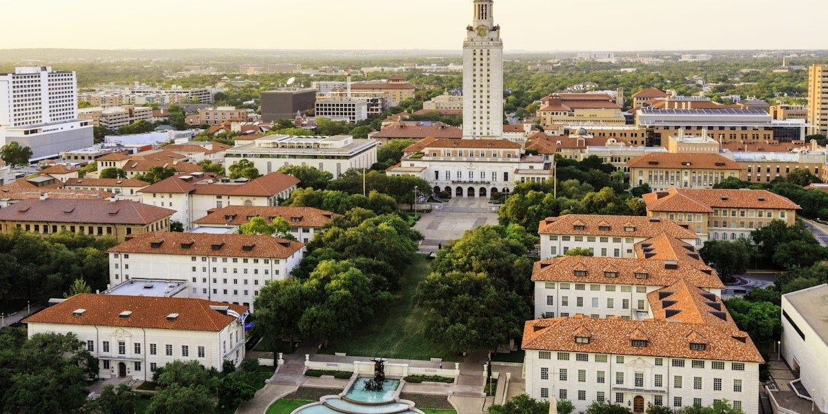 University of Texas Austin campus at sunset-dusk - aerial view