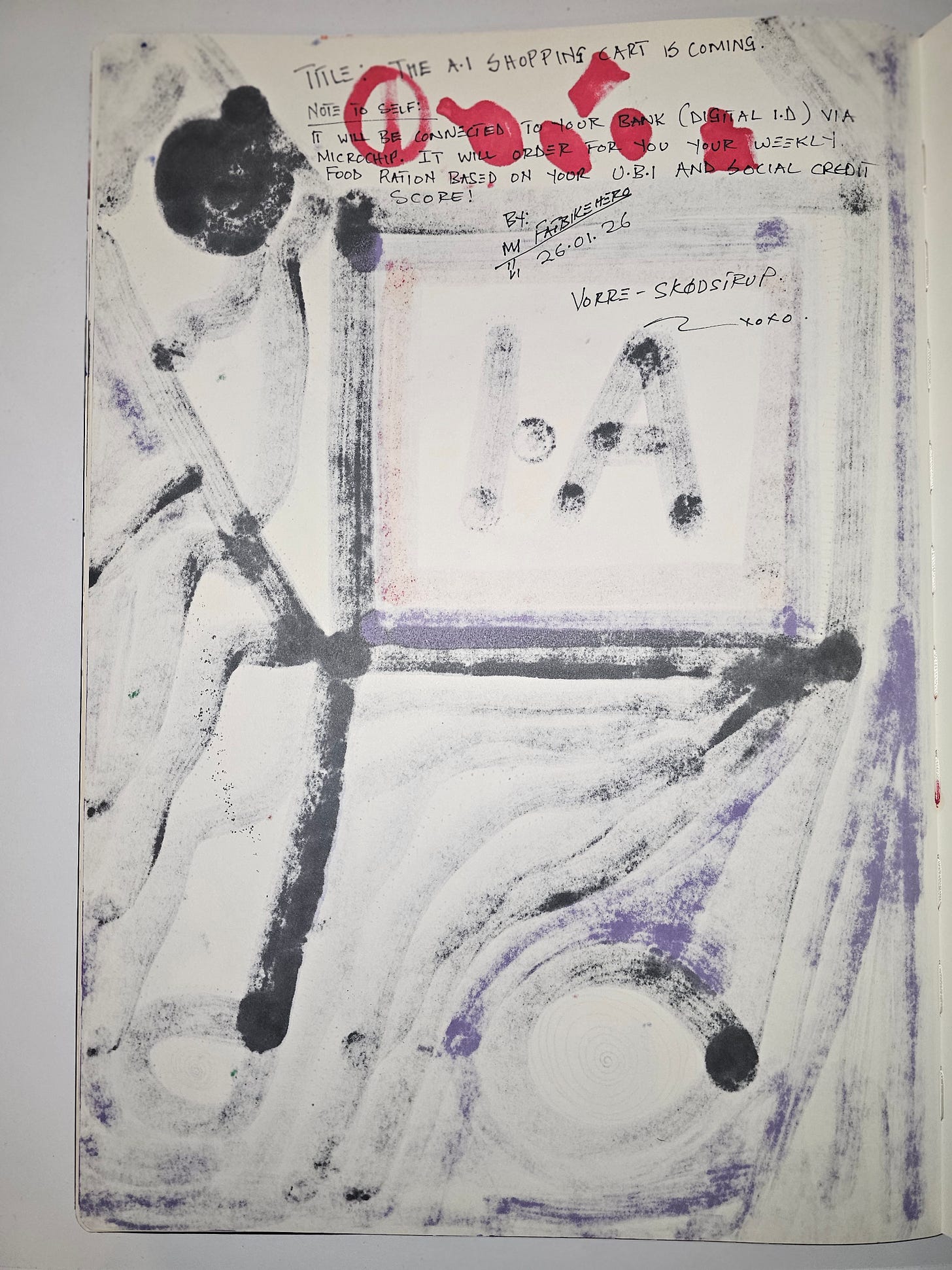 Alt Text: Handwritten sketchbook notes by artist FatbikeHero dated 26.01.26. The text reads: "Note to self: It will be connected to your bank (Digital I.D) via microchip. It will order for you your weekly food ration based on your U.B.I and social credit score!"
