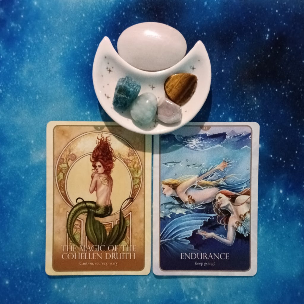 Just Keep Swimming! A Message From the Universe, 2 Faeries Oracle cards and crystals on a starry blue background Just Keep Swimming! A Message From the Universe, 2 Faeries Oracle cards and crystals on a starry blue background
